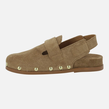 Alpe Alive clogs in suede with velcro closure and studs