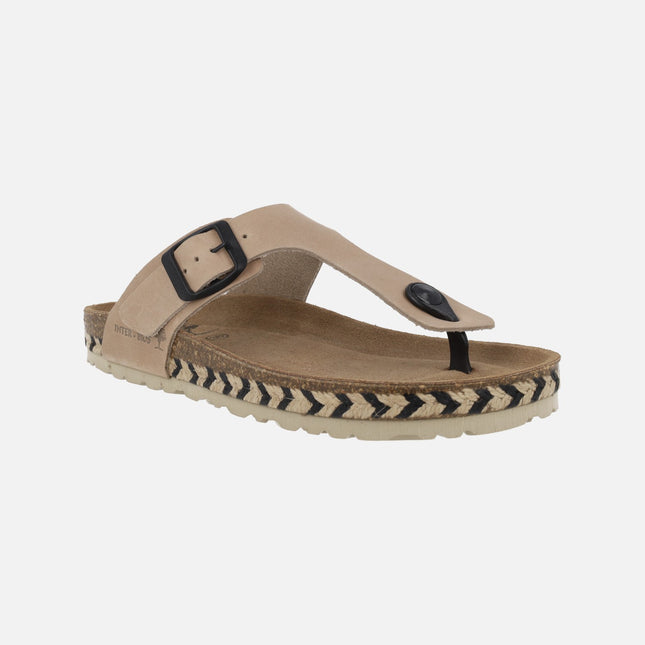 Sandalias bio de dedo en piel beige con hebilla negra