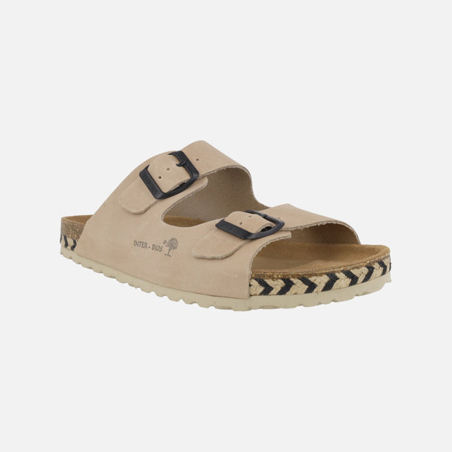 Sandalias bio de piel con dos hebillas y tira de esparto bicolor