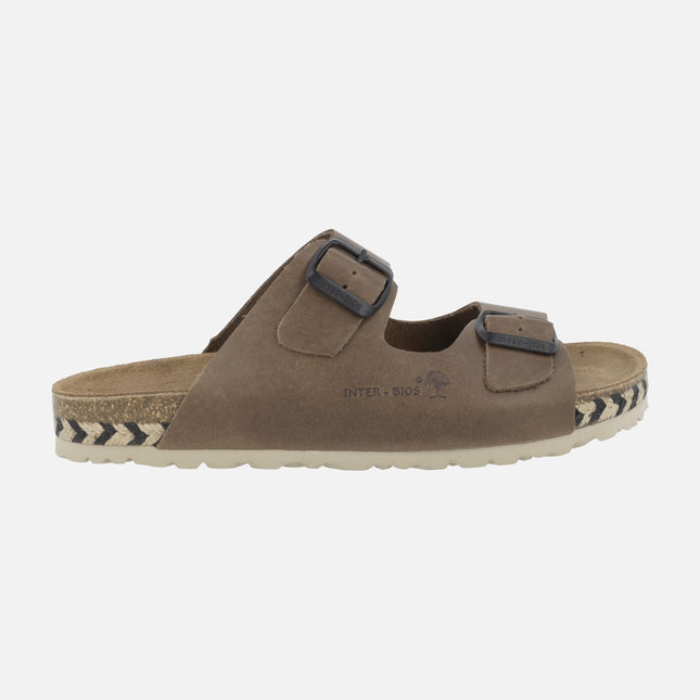 Sandalias bio de piel con dos hebillas y tira de esparto bicolor