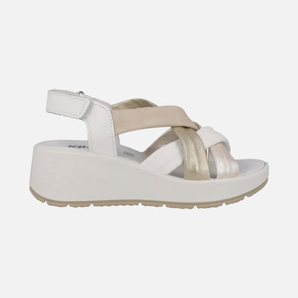 Leather sandals with combined strips and velcro closure