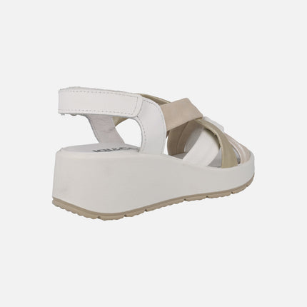 Leather sandals with combined strips and velcro closure