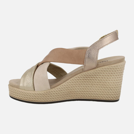 Stripped sandals with high wedge and buckle closure