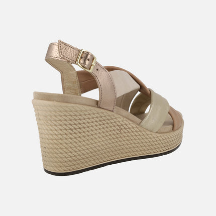 Stripped sandals with high wedge and buckle closure