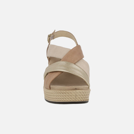 Stripped sandals with high wedge and buckle closure