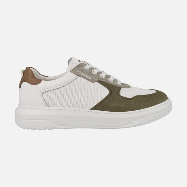 Men's sneakers in white leather and kaki suede