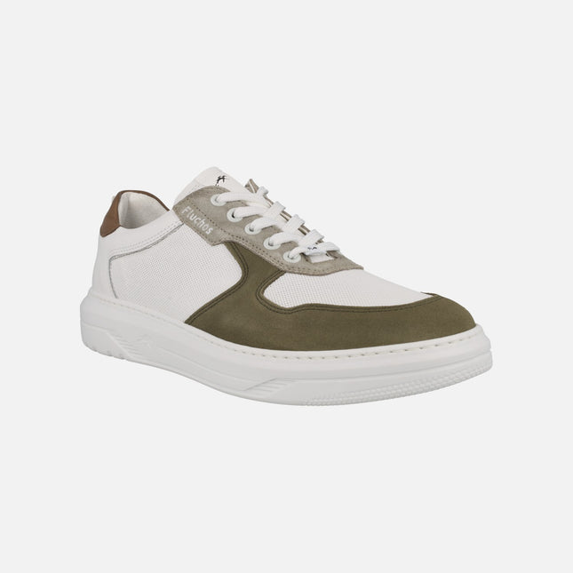 Men's sneakers in white leather and kaki suede