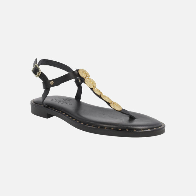 Sandalias negras de piel para dedo con adorno de monedas