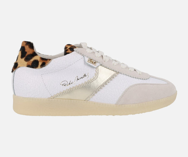 Indiana sneakers in white leather with heel in leopard print