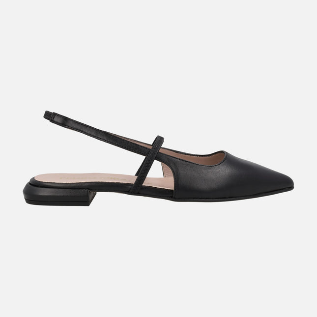 Black leather open heel flats with elastic to the instep