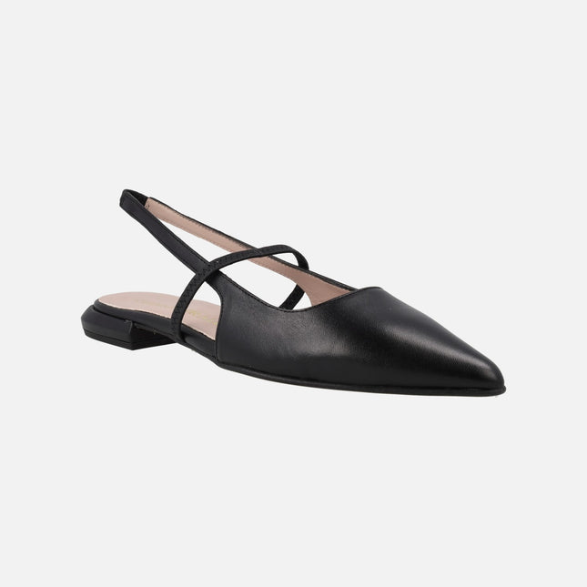 Black leather open heel flats with elastic to the instep