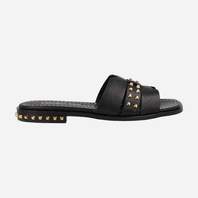 Black leather sandals with gold metal studs