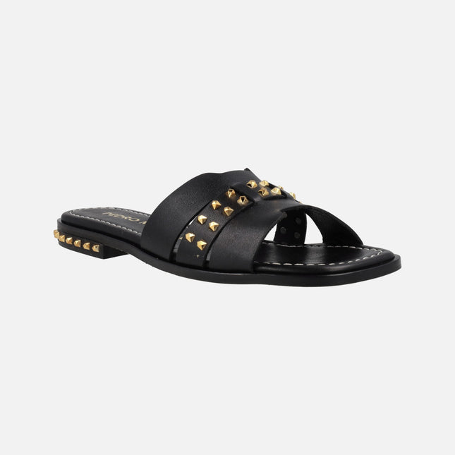 Black leather sandals with gold metal studs