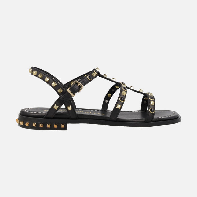 Black flat leather Sandals with golden studs