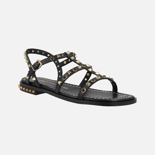 Black flat leather Sandals with golden studs