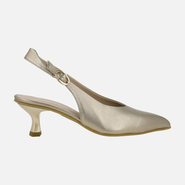 Open heel pumps with low heel in metallic leather