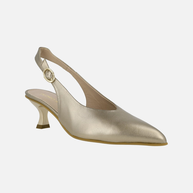 Open heel pumps with low heel in metallic leather