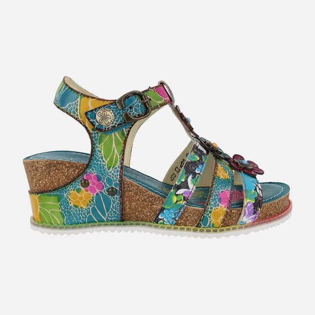 Multicolor sandals with flowers and cork wedge Bonito 30 Turquoise