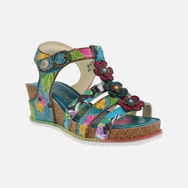 Multicolor sandals with flowers and cork wedge Bonito 30 Turquoise