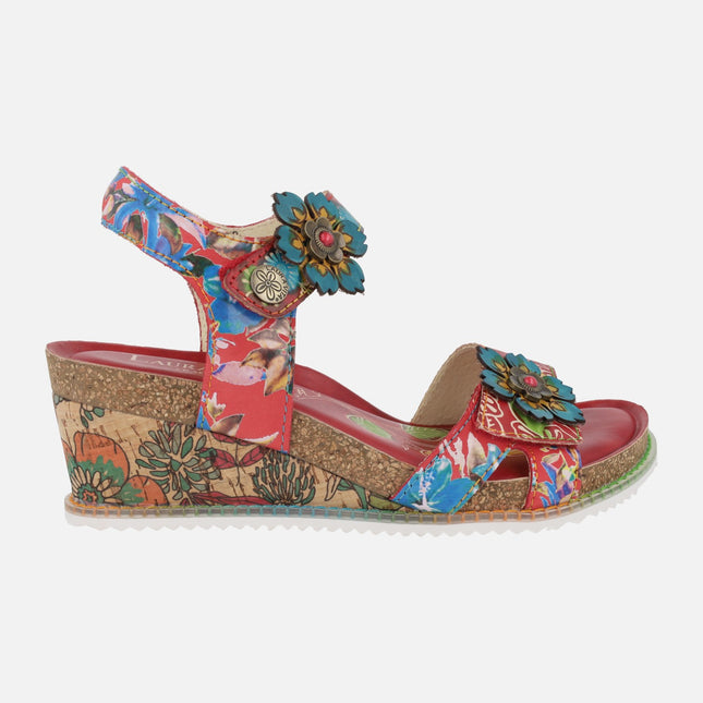 Red leather sandals with floral print Bonito13 rouge