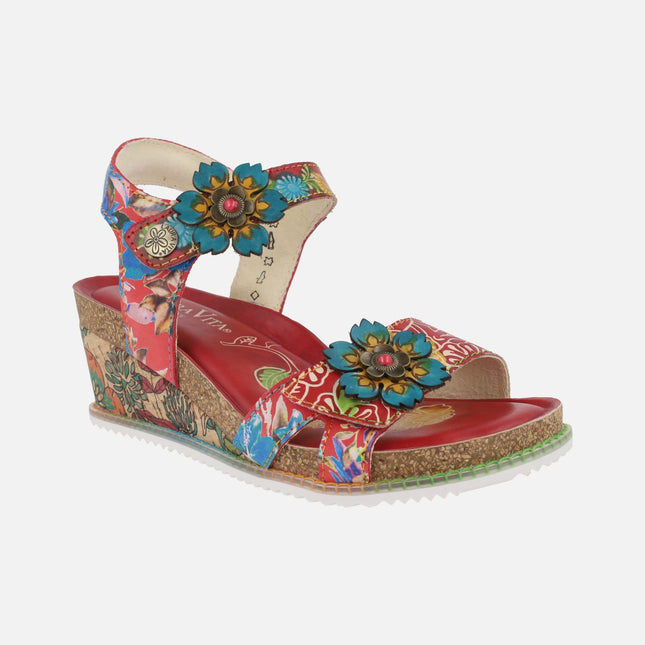 Red leather sandals with floral print Bonito13 rouge