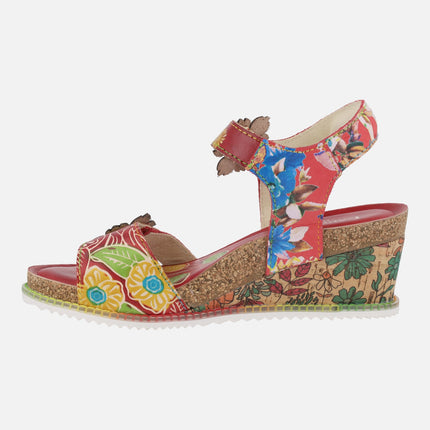 Red leather sandals with floral print Bonito13 rouge