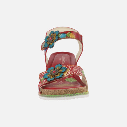 Red leather sandals with floral print Bonito13 rouge