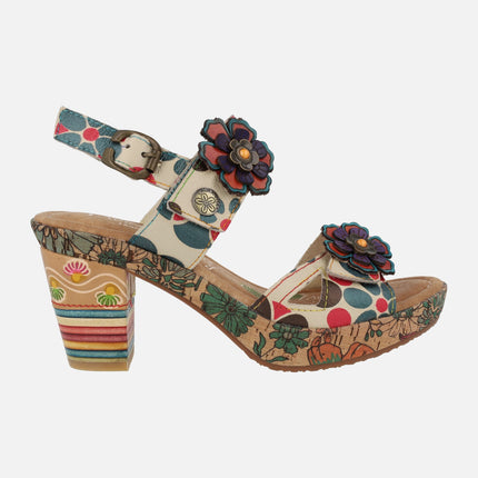 Nellao 15 beige heeled sandals with floral motifs and velcros