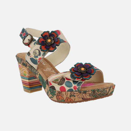 Sandalias de tacón Nellao 15 Beige con motivos florales y velcros