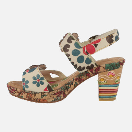 Nellao 15 beige heeled sandals with floral motifs and velcros