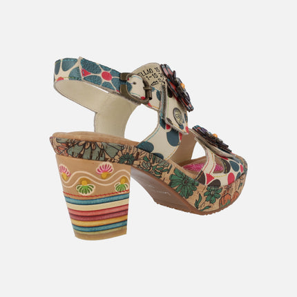 Nellao 15 beige heeled sandals with floral motifs and velcros