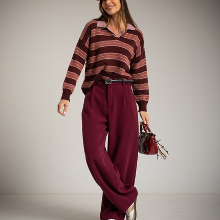 Striped sweater with polo neck in pink combination