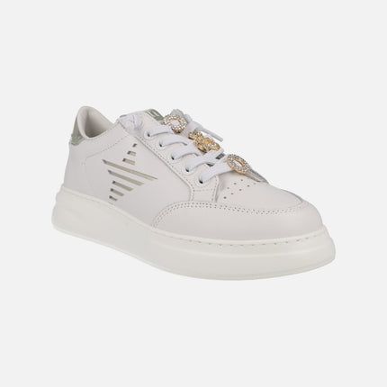 White leather sneakers with golden ornaments