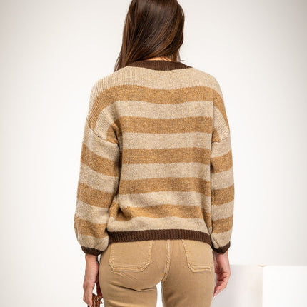 Beige and camel striped sweater with brown collar and cuffs