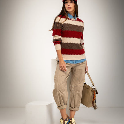 Combined burgundy - beige and brown striped sweater