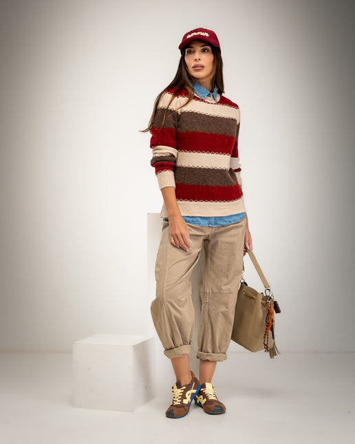 Combined burgundy - beige and brown striped sweater