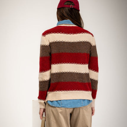 Combined burgundy - beige and brown striped sweater