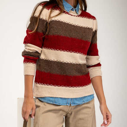 Combined burgundy - beige and brown striped sweater