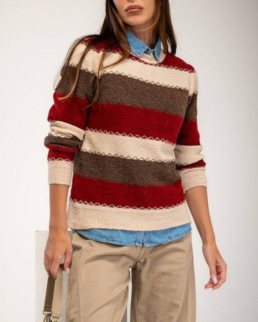 Combined burgundy - beige and brown striped sweater