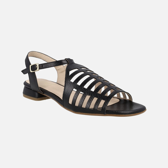 Black leather sandals grid effect