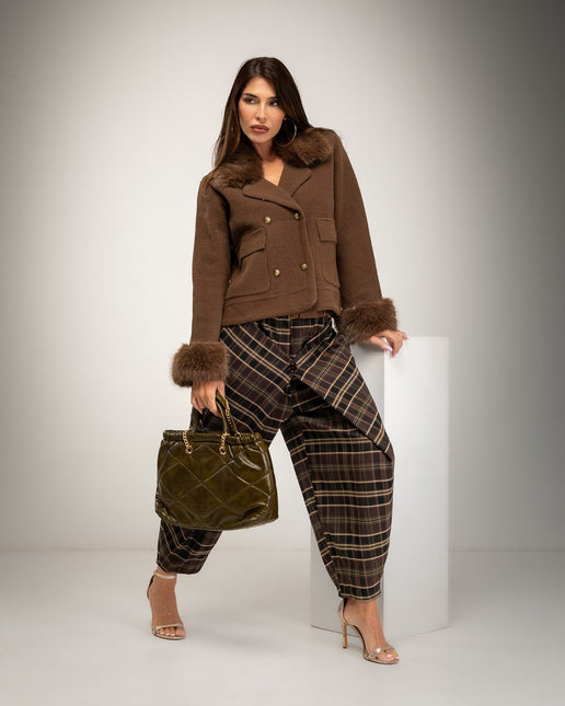 Brown jackets with fur collar and cuffs
