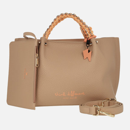 Bolsos de mano Pepe Moll en camel con detalles en naranja