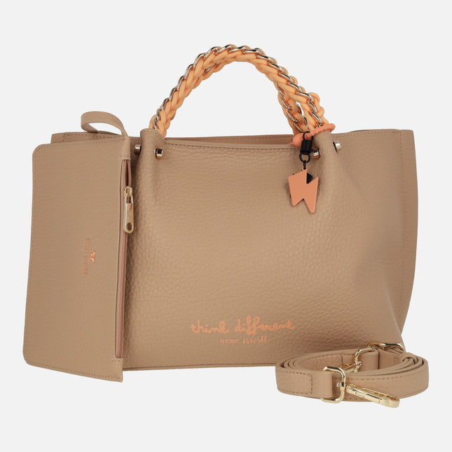 Bolsos de mano Pepe Moll en camel con detalles en naranja