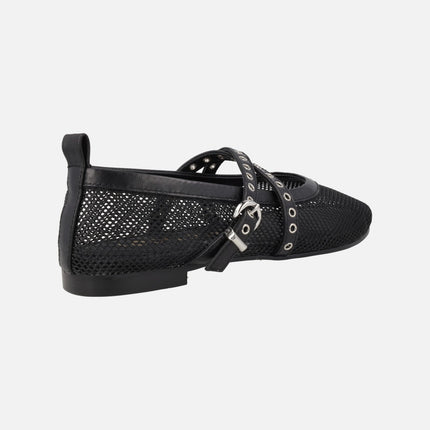 Black ballerinas in grid fabric with cross strips and studs di5464