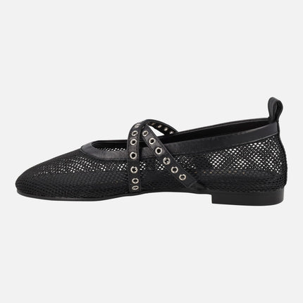 Black ballerinas in grid fabric with cross strips and studs di5464