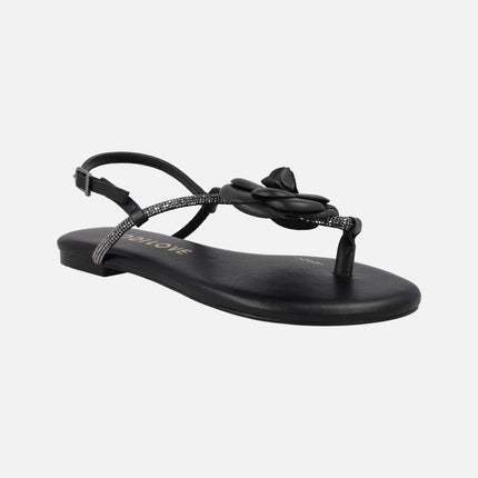 Black leather flat sandals with flower ornament