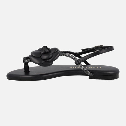 Black leather flat sandals with flower ornament