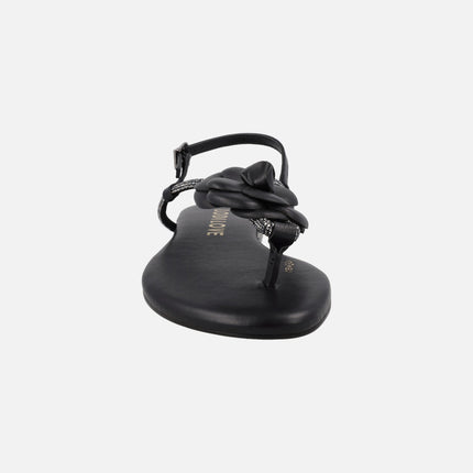 Black leather flat sandals with flower ornament