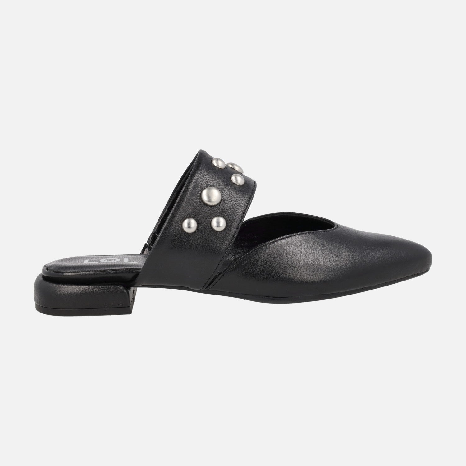 Black leather mules with wide strip to the instep and silver studs Ninfa