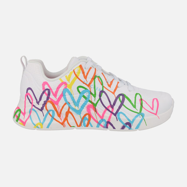 White Sneakers with Multicolor Hearts Skechers Jgoldcrown Uno Lite Heart of Hearts